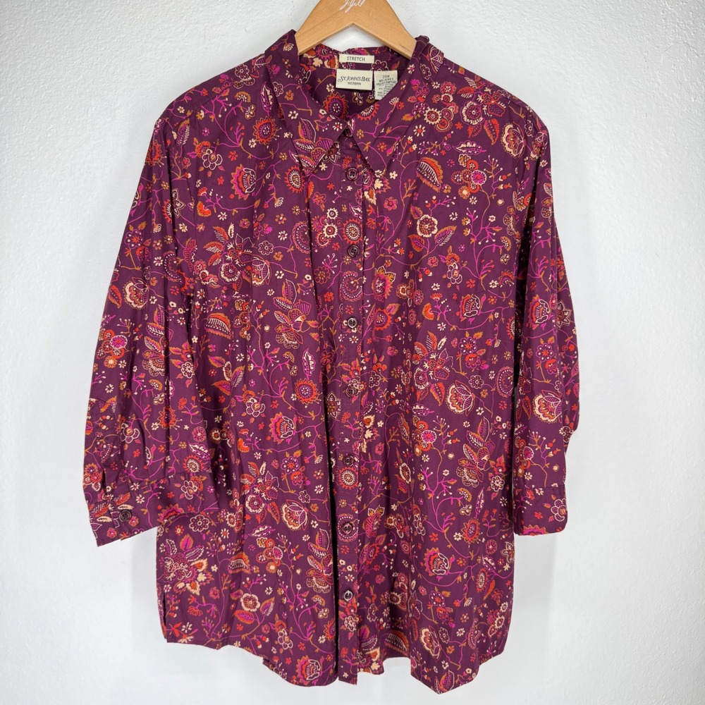 St Johns‎ Bay Woman Purple Dark Floral Paisley Button Shirt 20W Stretch Career